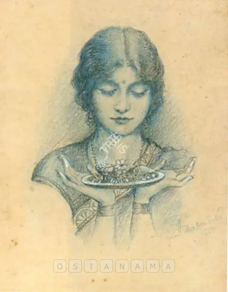 Mazumdar, Hemendranath (Artist). Pujarini. Charcoal and coloured pencil on paper, 1931 | Drawing | FineArts | 00600382
