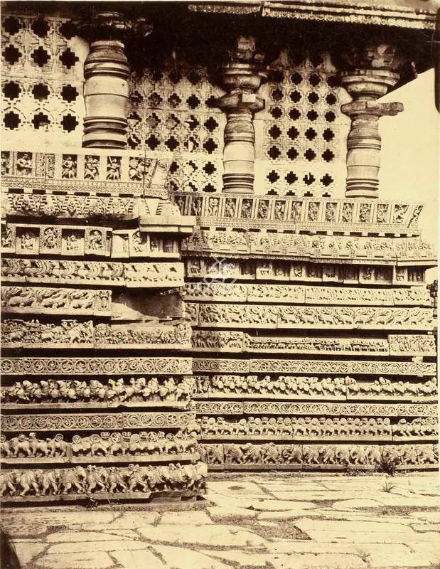 Pigou, William Henry (Photographer). Hullabeed. The Great Temple. North East Angle - Architecture in Dharwar and Mysore Published by John Murray. London 1866. Photographs by Dr. William Henry Pigou, Dr. Andrew C. Neill and Col. Thomas Biggs with an historical and descriptive memoir by Colonel Meadows Taylor and architectural notes by James Fergusson. Albumen print pasted on mount, c.1855 | Antiquarian Photograph | Photography | 00115967