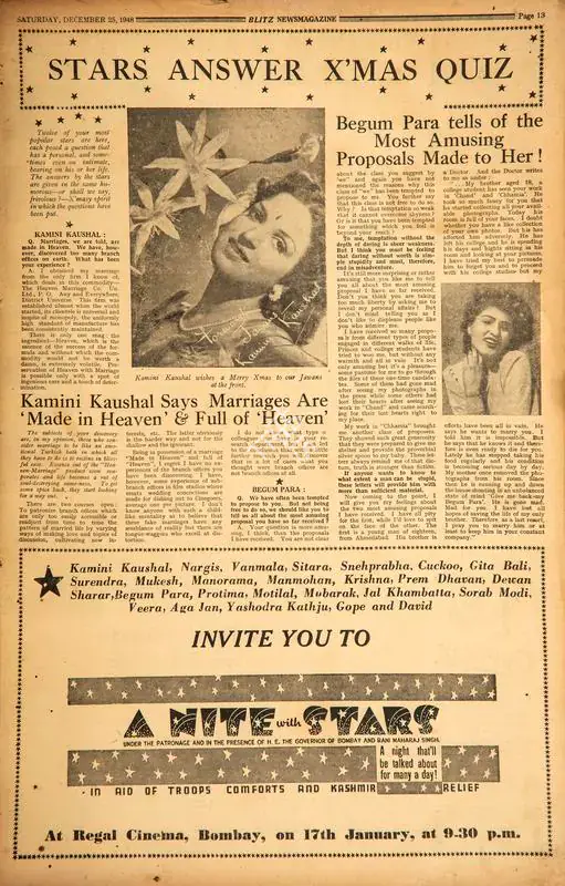 Kamini Kaushal Says Marriages are Made in Heaven & Full of Heaven. In Blitz - Asia's Foremost News Magazine. p. 13. Bombay: R.K. Karanjia, 25 December 1948 | Film Review | CinemaEducation | 00143674
