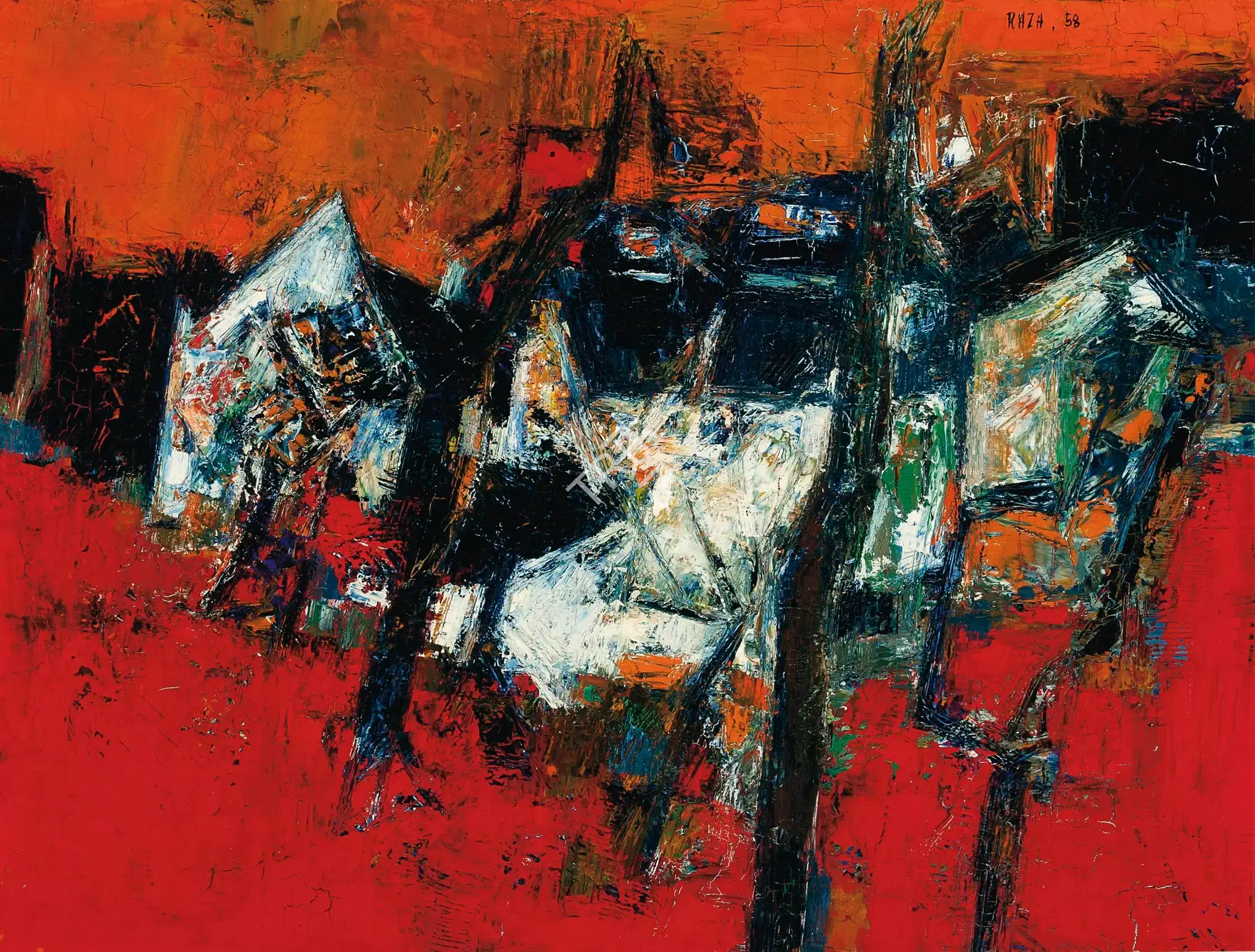 Raza, S.H. (Artist). Village Au Fond Rouge, 1958 | Painting