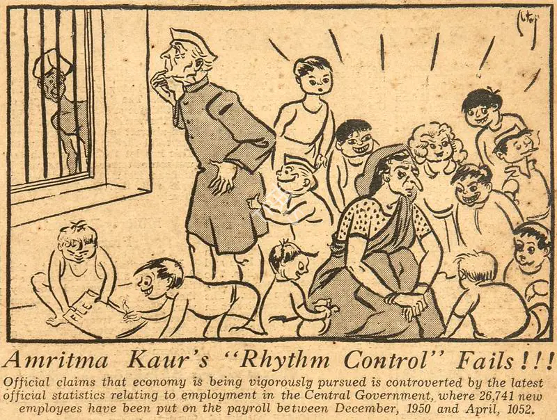 Chatterjee, Basu (Cartoonist). Amrita Kaur's Rhythm Control Fails !!. 1952 | Cartoons, Blitz, 30 August 1952 | PopCulture | 00904441