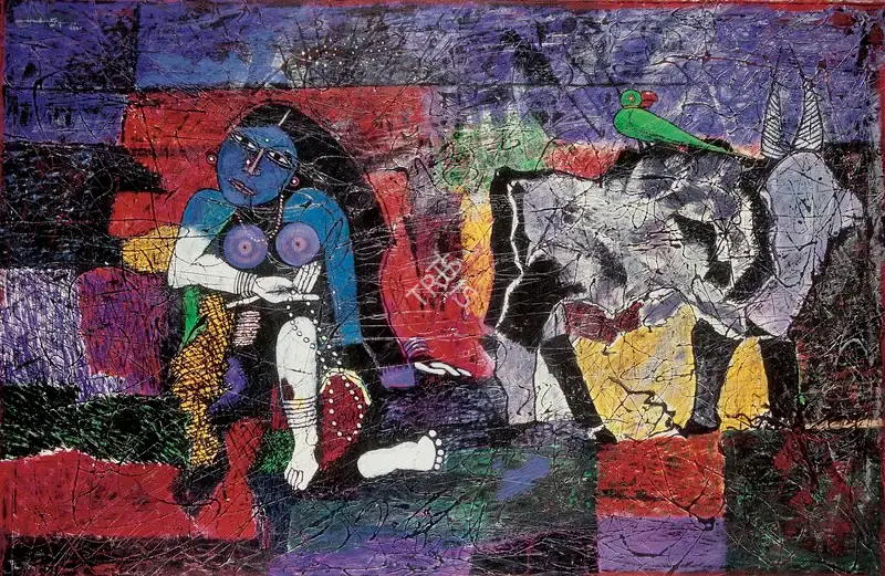 Santhanaraj, A.P. (Artist). Woman & Parrot, 2001 | Painting