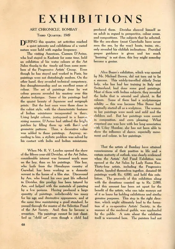 M., J. (Essayist). Exhibitions - Art Chronicle, Bombay- Third Quarter; 1949. In Marg. 3(4), pp. 68, 70-72. Bombay: Modern Artists and Architects Research Group, November 1949 | Essay | FineArts | 00668779, 1949