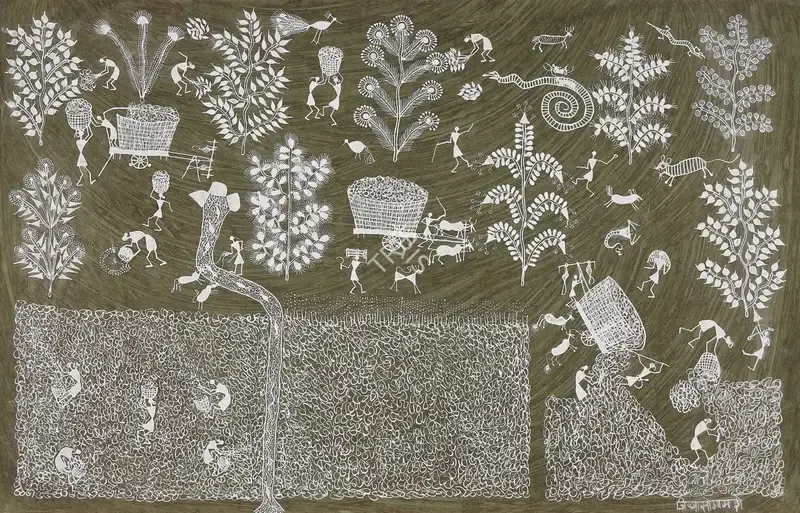 Mashe, Jivya Soma (Artist). Untitled (Harvest). Natural pigment on paper, n.d. | Painting | EconomicsArt | 00871419