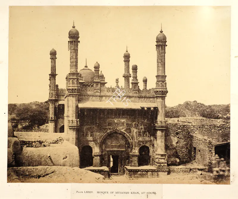 Biggs, Colonel Thomas (Photographer). Mosque of Musaood Khan, at Adoni - From the album "Architecture at Beejapoore. An Ancient Mohammedan Capital in the Bombay Presidency Published by John Murray. London 1866. Photographs by Dr. William Henry Pigou, Dr. Andrew c.Neill and Col. Thomas Biggs with an historical and descriptive memoir by Colonel Meadows Taylor and  architectural notes by James Fergusson". Albumen print pasted on mount, c.1855 | Antiquarian Photograph | Photography | 00115027