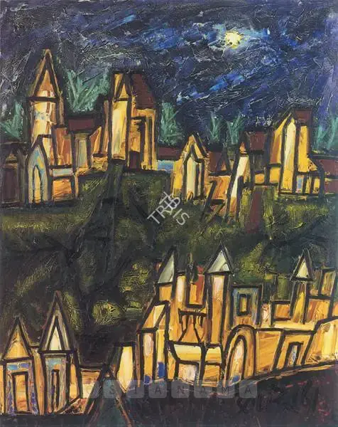 Souza, F.N. (Artist). Moonlit landscape with buildings, 1961 | Painting