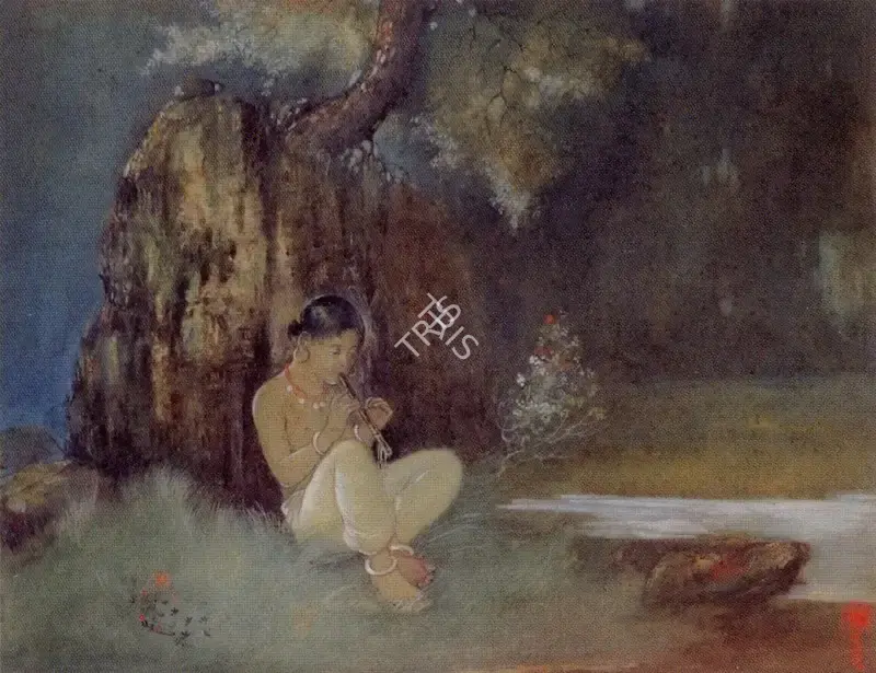 Chakravorty, P.C. (Artist). Krishna Seated by a Pond playing the Flute, n.d. | Painting