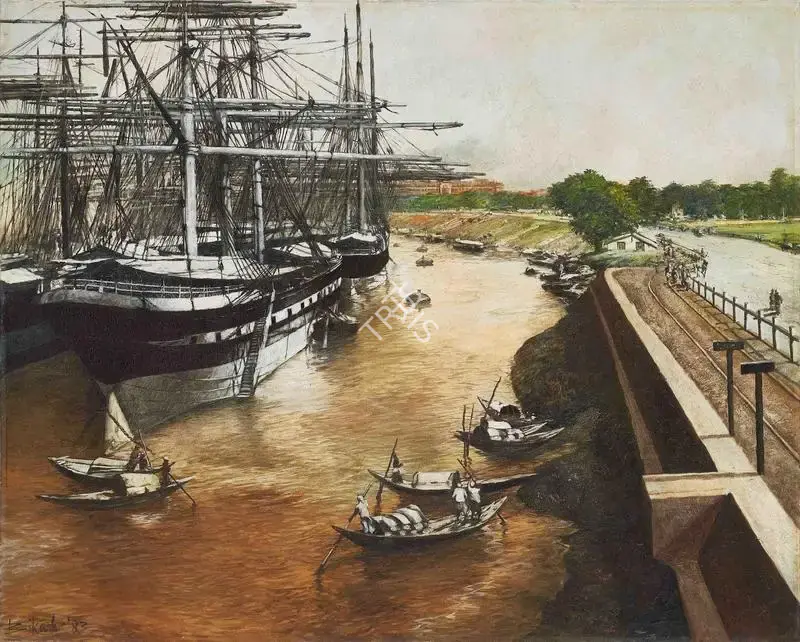 Bhattacharjee, Bikash (Artist). Clippers on the Hooghly. Oil on canvas, 1983 | Painting | FineArts | 00418508