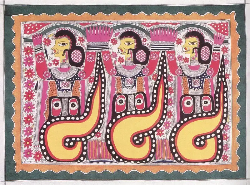 Devi, Baua (Artist). Three Snake Maidens. Watercolour on matt paper, Circa 1983 | Marg, March 1998 | Painting | FineArts | 00674291