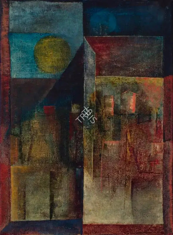 Bakre, S.K. (Artist). Untitled (Landscape with Sun). Oil on canvas, 1968 | Painting | FineArts | 00595881