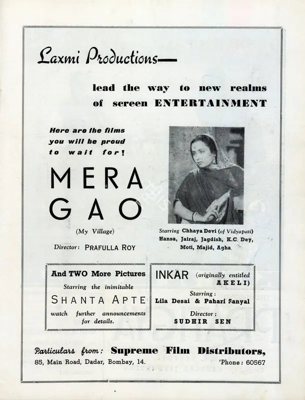 Roy, Prafulla (Director), Mera Gaon, 1942 | Advertisement