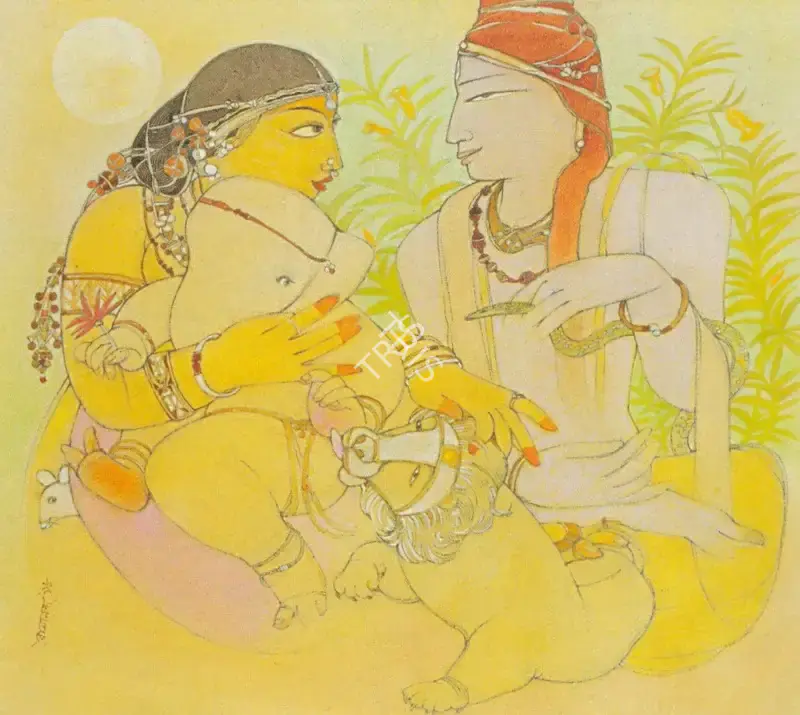 Bandopadhyay, Ramananda (Artist). Shiva Parvati and Ganesh. Mixed media on paper, 1998 | Painting  | 00877693