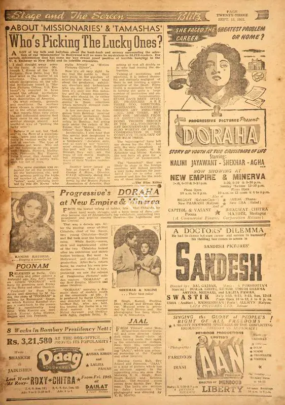 Progressive's Doraha at New & Minerv. In Blitz - Asia's Foremost News Magazine. p. 23. Bombay: R.K. Karanjia, 13 September 1952 | Film Review | CinemaEducation | 00144178