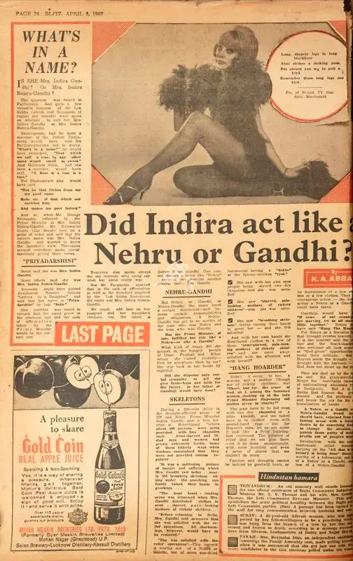 Abbas, Khwaja Ahmad (Columnist). Did Indira Act Like a Nehru or Gandhi ?. In Blitz - Hindi Sanskaran. p. 24. Bombay: R.K. Karanjia, 08 April 1967 | Essay | CinemaEducation | 00464992