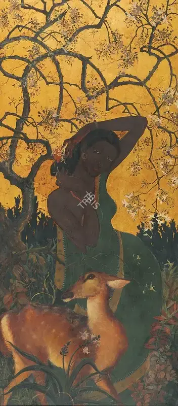 Roy, Khagen (Artist). Untitled (Lady and the Deer), 1940s | Painting