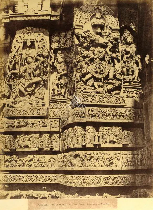 Neill, Andrew Charles Brisbane (Photographer). Hullabeed. The Great Temple. Sculptures on the West Front - From the album "Architecture in Dharwar and Mysore Published by John Murray. London 1866. Photographs by Dr. William Henry Pigou, Dr. Andrew C. Neill and Col. Thomas Biggs with an historical and descriptive memoir by Colonel Meadows Taylor and architectural notes by James Fergusson". Albumen print pasted on mount, 1856 | Antiquarian Photograph | Photography | 00115718