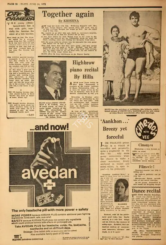 Aankhon…' Breezy Yet Forceful. In Blitz - India's Greatest Weekly. p. 22. Bombay: R.K. Karanjia, 24 June 1972 | Film Review | CinemaEducation | 00143371