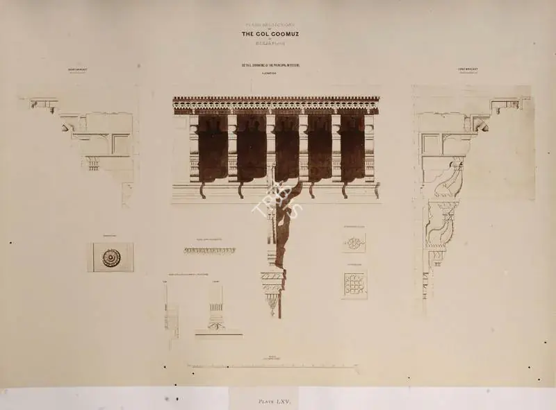 Unknown (Photographer). Plan and sections of the Gol Goomuz at Beejapoor - From the album "Architecture at Beejapoore. An Ancient Mohammedan Capital in the Bombay Presidency Published by John Murray. London 1866. Photographs by Dr. William Henry Pigou, Dr. Andrew c.Neill and Col. Thomas Biggs with an historical and descriptive memoir by Colonel Meadows Taylor and  architectural notes by James Fergusson". Albumen print pasted on mount, c.1850 | Antiquarian Photograph | Photography | 00115123