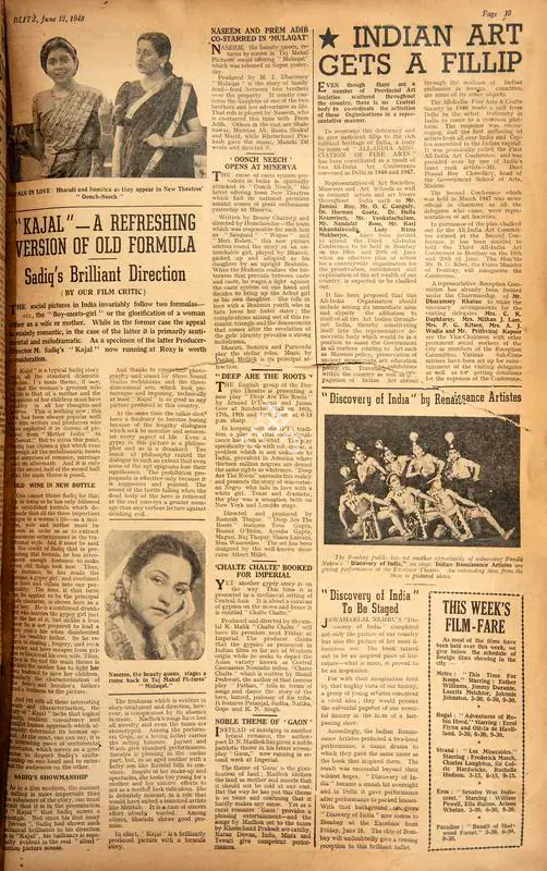 Kajal" - A Refreshing Version of Old Formula. In Blitz - Asia's Foremost News Magazine. p. 19. Bombay: R.K. Karanjia, 12 June 1948 | Film Review | CinemaEducation | 00143651