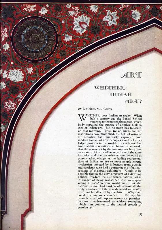 Goetz, Hermann (Essayist). Whither Indian Art?. In Marg. 1(2), pp. 57-66, 88, 106. Bombay: Modern Architectural Research Group, January 1947 | Essay | FineArts | 00668744, 1947