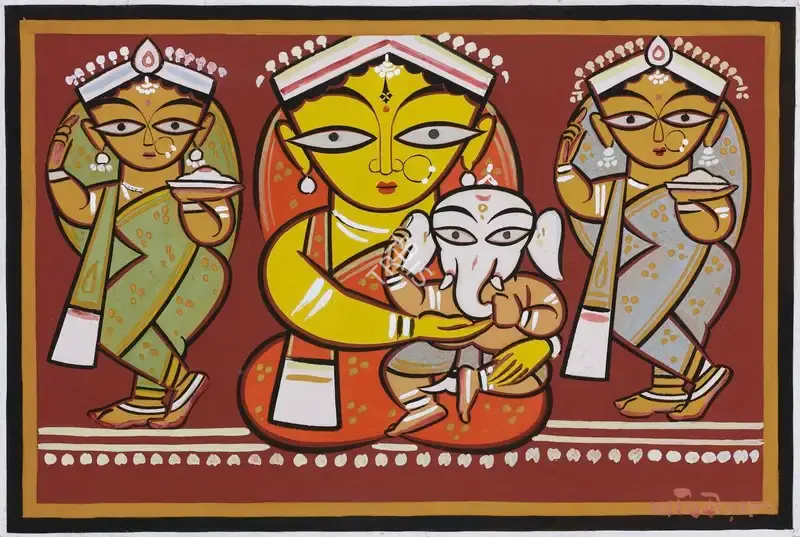 Roy, Jamini (Artist). Untitled (Parvati and Ganesha with Attendants), n.d. | Painting