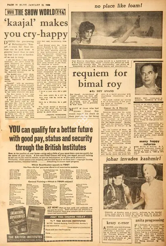 Johar Invades Kashmir !. In Blitz - India's Greatest Weekly. p. 18. Bombay: R.K. Karanjia, 15 January 1966 | Film Review | CinemaEducation | 00142798