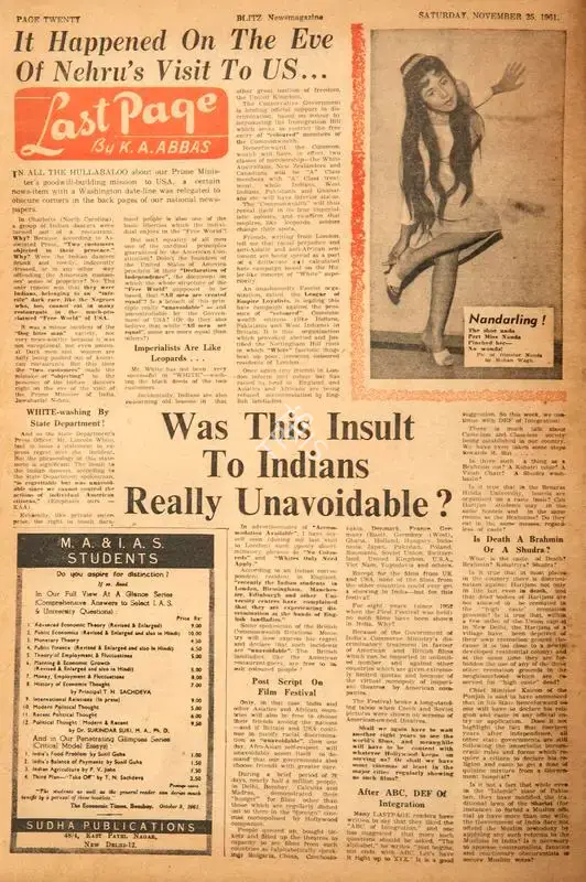 Abbas, Khwaja Ahmad (Columnist). It Happened on the Eve Of Nehru's Visit to US…Was This Insult to Indians Really Unavoidable?. In Blitz - India's Greatest Weekly. p. 20. Bombay: R.K. Karanjia, 25 November 1961 | Essay | CinemaEducation | 00464672