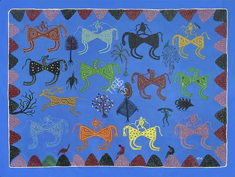 Bai, Bhuri (Artist). Untitled (Life in My Village). Acrylic on canvas, circa 2014 | Painting | EconomicsArt | 00872163