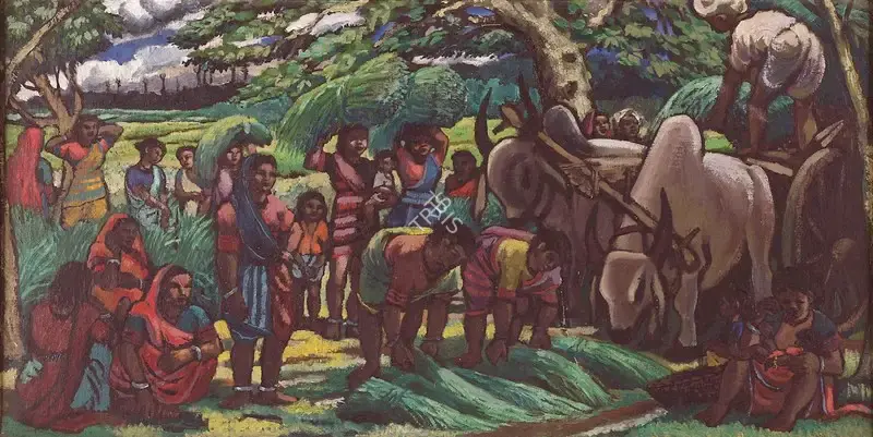 Chittaprosad (Artist). Village Scene at Harvesting. Oil on canvas pasted on board, early 1950s | Painting | FineArts | 00332053