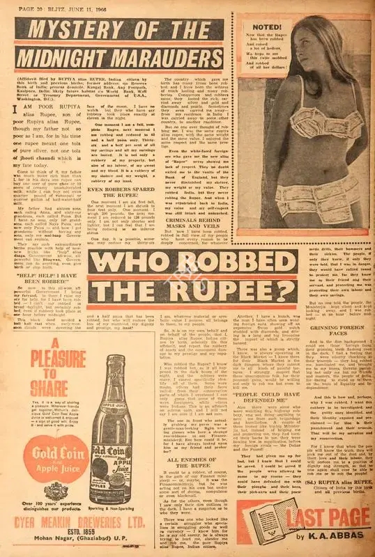 Abbas, Khwaja Ahmad (Columnist). Who Robbed the Rupee ?. In Blitz - India's Greatest Weekly. p. 20. Bombay: R.K. Karanjia, 11 June 1966 | Essay | CinemaEducation | 00464913
