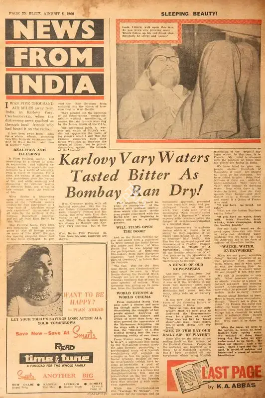 Abbas, Khwaja Ahmad (Columnist). News from India. In Blitz - India's Greatest Weekly. p. 20. Bombay: R.K. Karanjia, 06 August 1966 | Essay | CinemaEducation | 00464917