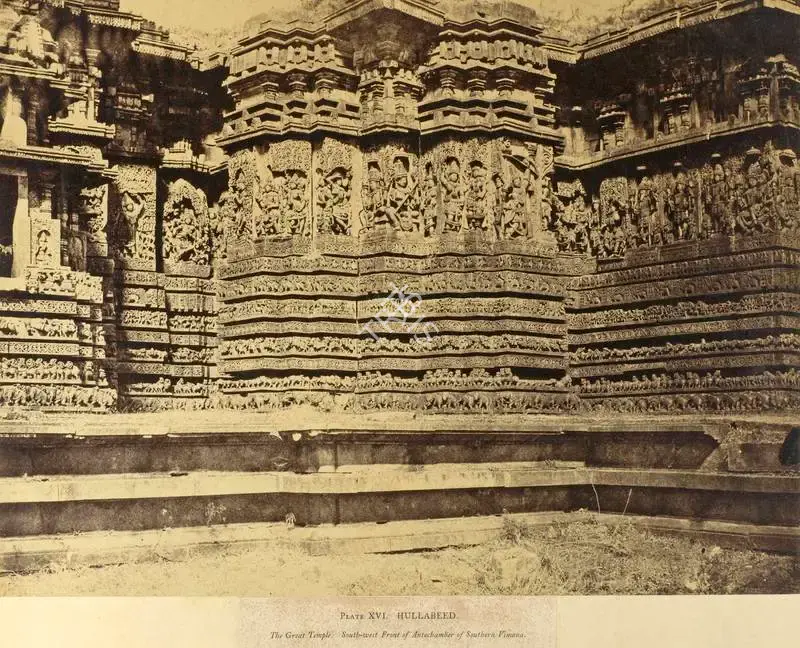 Neill, Andrew Charles Brisbane (Photographer). Hullabeed. The Great Temple. South-west Front of Antechamber of Southern Vimana - From the album "Architecture in Dharwar and Mysore Published by John Murray. London 1866. Photographs by Dr. William Henry Pigou, Dr. Andrew C. Neill and Col. Thomas Biggs with an historical and descriptive memoir by Colonel Meadows Taylor and architectural notes by James Fergusson". Albumen print pasted on mount, 1856 | Antiquarian Photograph | Photography | 00115713