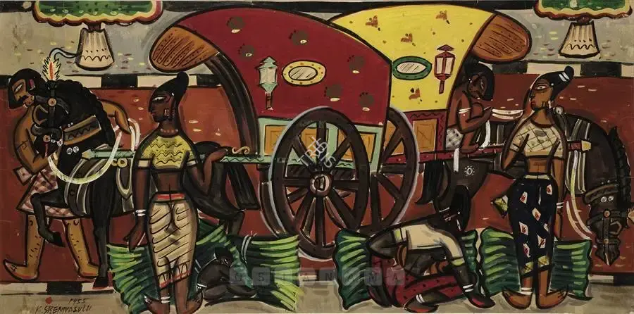 Sreenivasulu, K. (Artist). Villagers. Watercolour on paper, 1955 | Painting | FineArts | 00897336