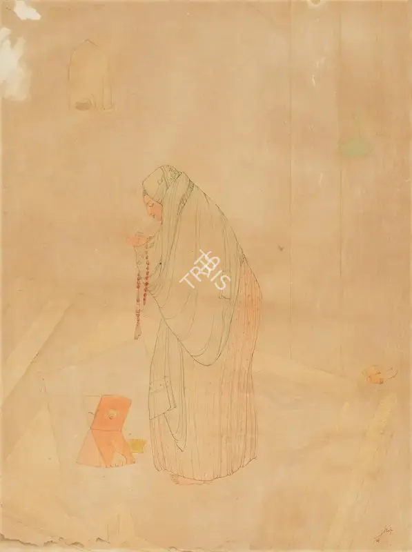 Chughtai, M.A.R. (Artist). Untitled (Woman Praying). Ink and watercolour on paper, n.d. | Painting | EconomicsArt | 00870418