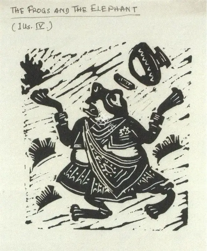 Chittaprosad (Artist). The Frogs and the Elephant- Illustration II. Linocut on paper, n.d. | Chittaprosad, 2011 | Graphic Art | FineArts | 00710187