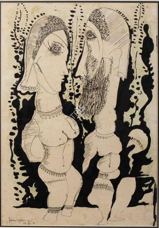 Sen, Sunil Madhav (Artist). Untitled (Lovers). Mixed media on paper, 1970 | Painting | EconomicsArt | 00870800