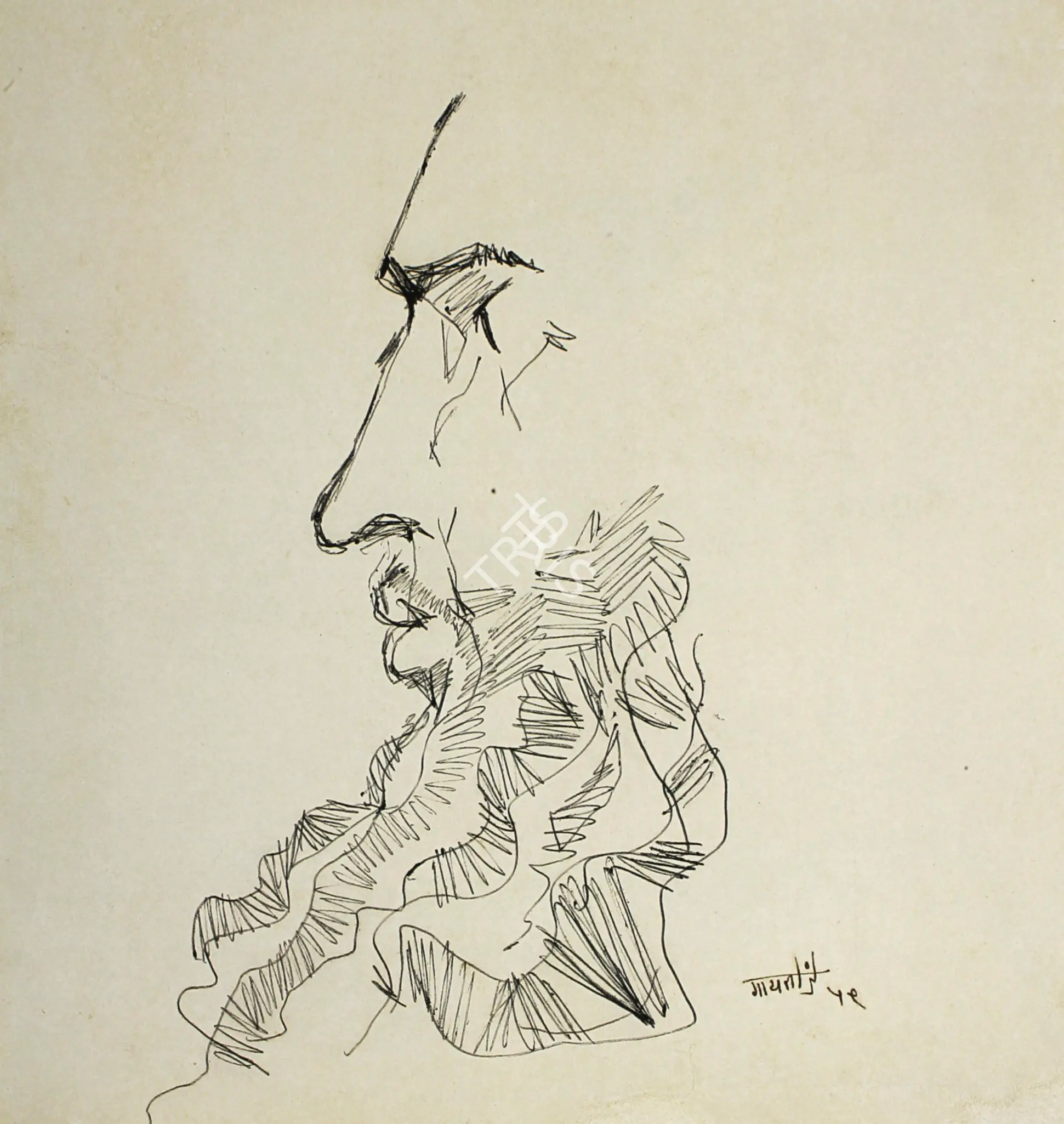 Gaitonde, V.S. (Artist). Portrait Of M.F. Fida Husain, 1959 | Drawing