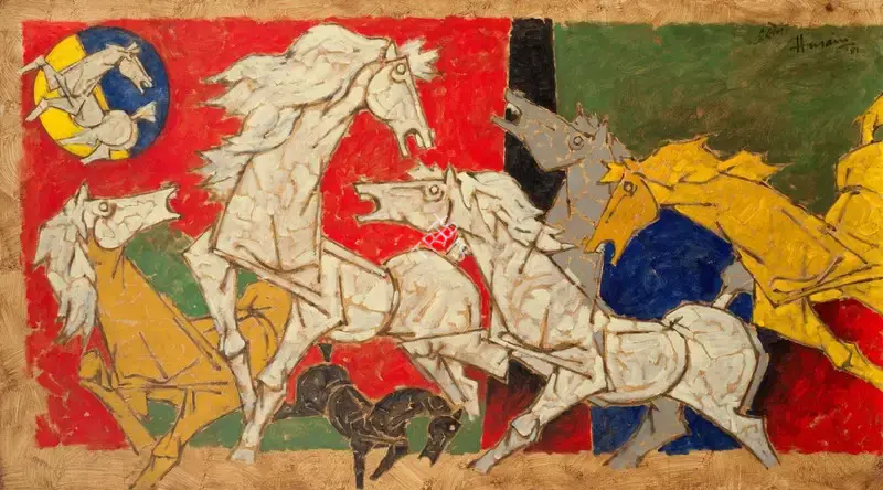 Husain, M.F. (Artist). Untitled (Seven Horses). Acrylic on canvas, 1981 | Painting | EconomicsArt | 00870498