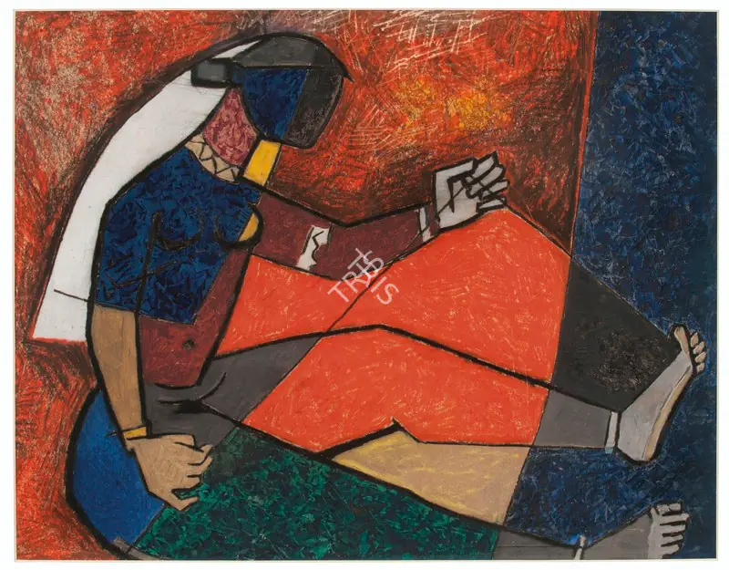 Husain, M.F. (Artist). Untitled (Lady Weaving). Oil pastel, gouache and pencil on paper laid on card, c.1950s | Painting  | 00867578