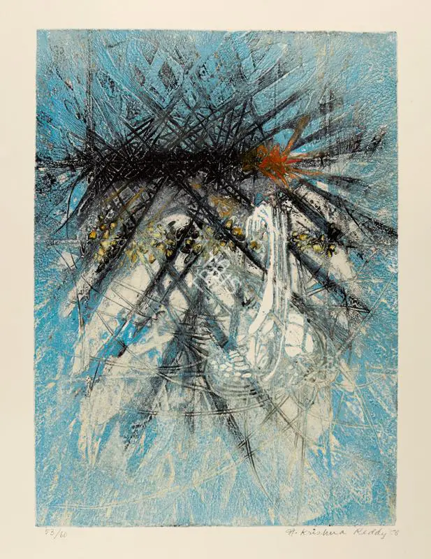 Reddy, Krishna (Artist). Untitled. Etching with aquatint, embossing and hand colouring, 1958 | Painting | FineArts | 00339423