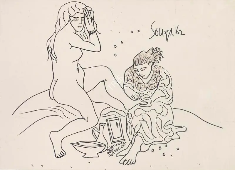 Souza, F.N. (Artist). Untitled (Bathsheba at her Bath), 1962 | Drawing