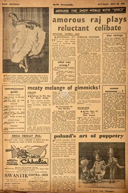 Amorous Raj Plays Reluctant Celibate. In Blitz - India's Greatest Weekly. p. 18. Bombay: R.K. Karanjia, 30 July 1960 | Film Review | CinemaEducation | 00142632