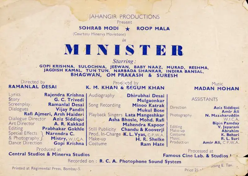 Khan, Begum (Producer), Minister, 1959 | Song-Synopsis Booklet | CinemaEducation | 00779044