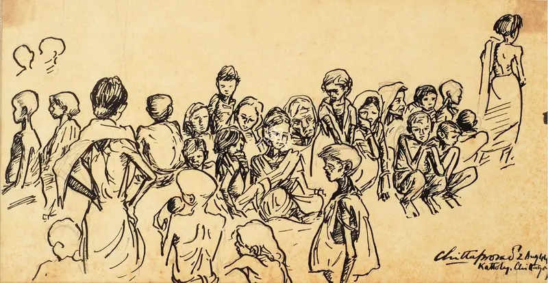 Chittaprosad (Artist). A Group of Goldsmith Women and Children at the BMRCC Camp, 1944 | Drawing