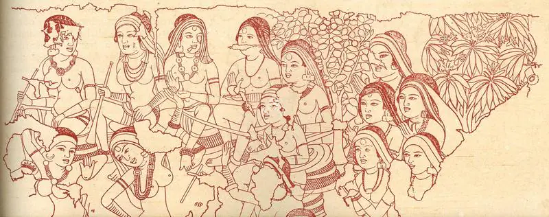 Unknown (Artist). Dancing Girls, Singers and Musicians at the Bodhi Tree. Early of Middle 1st Century B.C. | Marg, October 1948 | Sketch | FineArts | 00673780