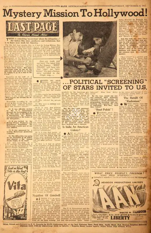 Abbas, Khwaja Ahmad (Columnist). Mystery Mission to Hollywood !. In Blitz - Asia's Foremost News Magazine. p. 20. Bombay: R.K. Karanjia, 06 September 1952 | Essay | CinemaEducation | 00464555