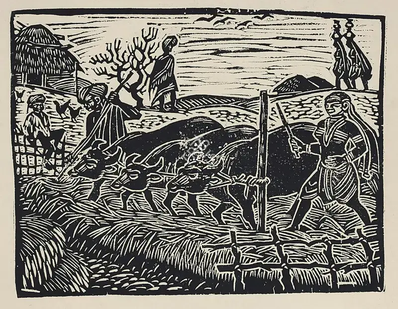 Chittaprosad (Artist). Untitled (Threshing). Linocut, circa 1950 | Graphic Art | EconomicsArt | 00872311