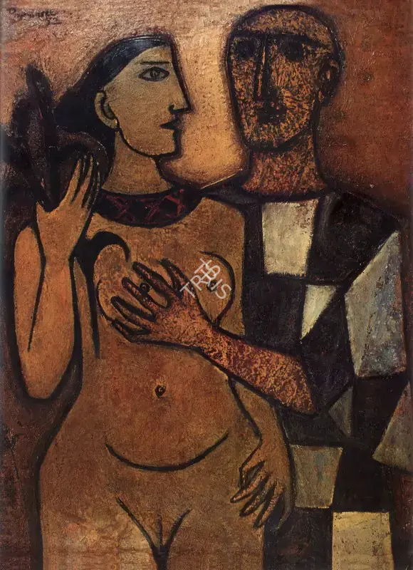 Padamsee, Akbar (Artist). Lovers II. Oil on Board, 1952 | Marg, December 2022 - March 2023 | Painting | FineArts | 00675482