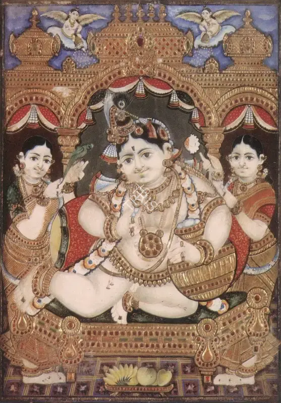 Tanjore School (Artist). Krishna with Two Attendants. Tempera and gold leaf and stucco, inset with glass on panel, n.d. | Painting | FineArts | 00599377