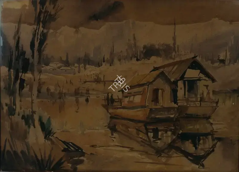 Dhond, P.A. (Artist). Kashmir Houseboat. Watercolour on paper, early 1960s | Painting | FineArts | 00897253
